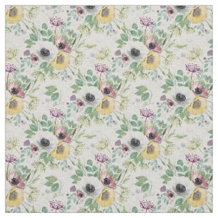 Tissu Anémones rose, blanc et jaune.