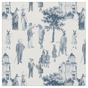 Tissu animal victorien antique toile anthropomorphe bleu