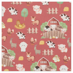Tissu Animaux de ferme sur le rouge prismatique
