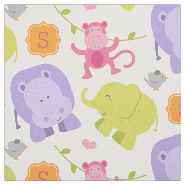 Tissu Animaux de la jungle rose mignons pour bébé fille (Échantillon)