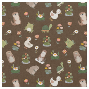 Tissu Animaux d'étang et nénuphars sur brun foncé