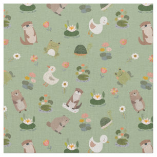 Tissu Animaux d'étang et nénuphars sur fond vert clair