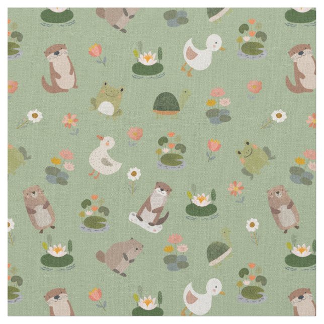 Tissu Animaux d'étang et nénuphars sur fond vert clair (Fermer)