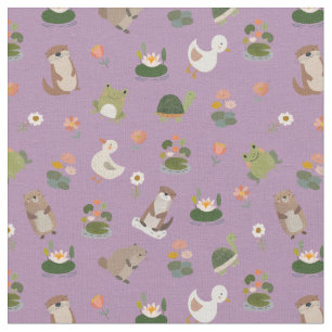 Tissu Animaux d'étang et nénuphars sur fond violet clair