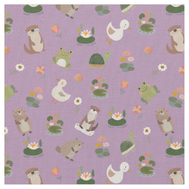 Tissu Animaux d'étang et nénuphars sur fond violet clair (Fermer)