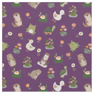 Tissu Animaux d'étang et nénuphars sur fond violet foncé