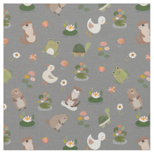 Tissu Animaux d'étang et nénuphars sur gris
