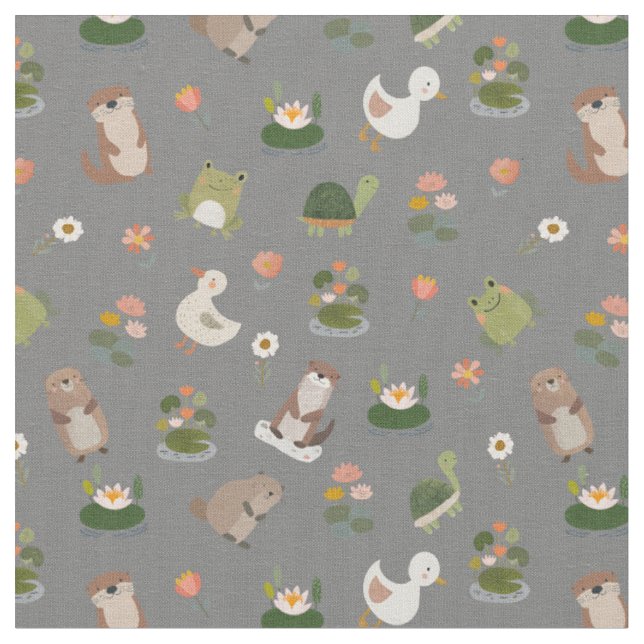Tissu Animaux d'étang et nénuphars sur gris (Fermer)