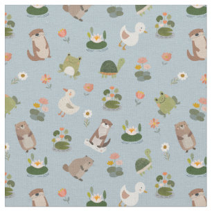Tissu Animaux d'étang et nénuphars sur gris-bleu pâle