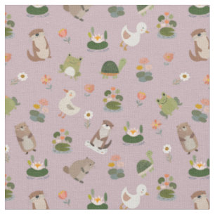 Tissu Animaux d'étang et nénuphars sur gris-rose pastel