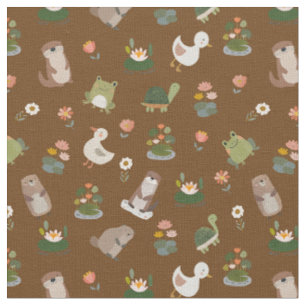 Tissu Animaux d'étang et nénuphars sur marron