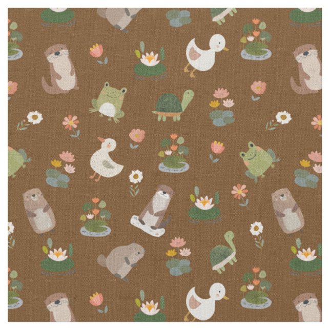 Tissu Animaux d'étang et nénuphars sur marron (Fermer)