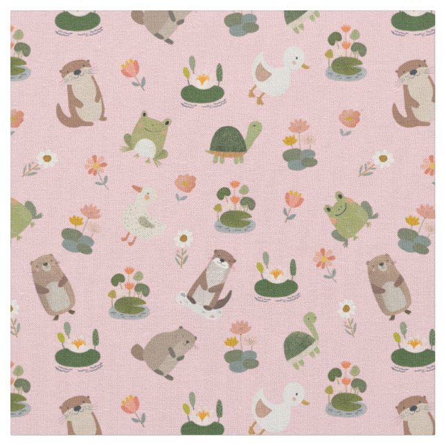 Tissu Animaux d'étang et nénuphars sur rose clair (Fermer)