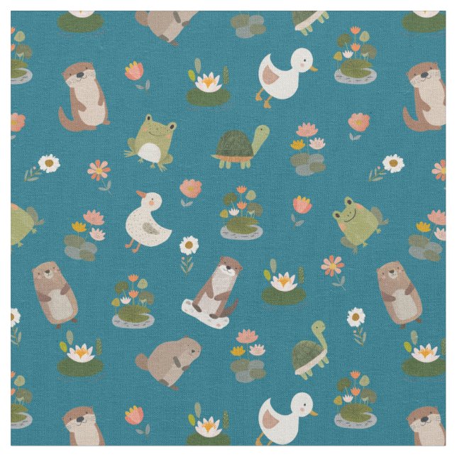 Tissu Animaux d'étang et nénuphars sur sarcelle (Fermer)