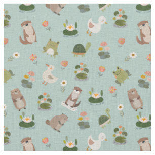 Tissu Animaux d'étang et nénuphars sur vert pistache