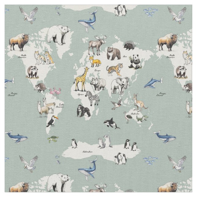 Tissu animaux du monde carte de nursery - menthe  (Fermer)