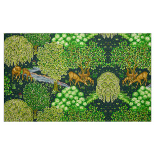 Tissu ANIMAUX FORESTIERS, CERFS PAR UN BROOK Blue Green