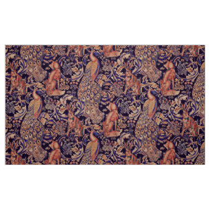 TISSU ANIMAUX FORESTIERS, FOX, PEACOCK, HARE, ROSE BLEU