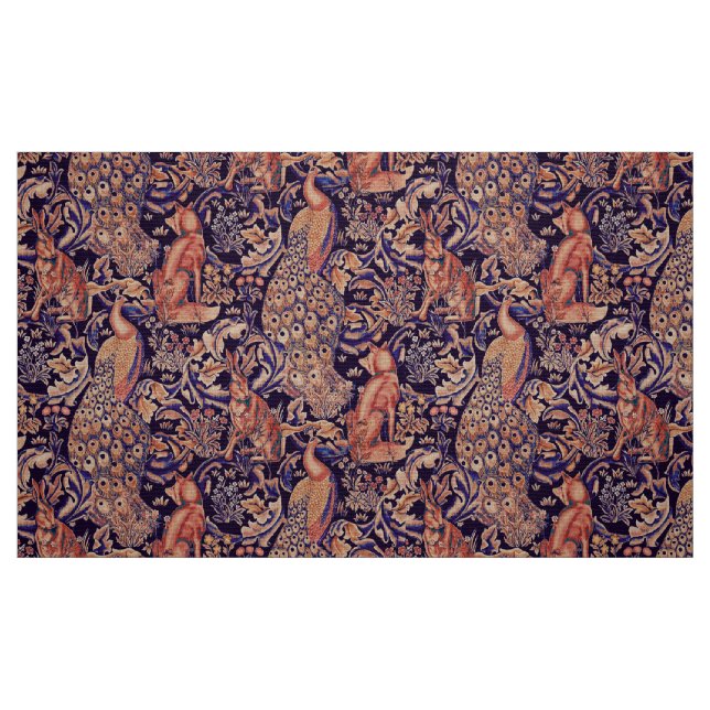 TISSU ANIMAUX FORESTIERS, FOX, PEACOCK, HARE, ROSE BLEU  (Fat Quarter)