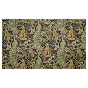 TISSU ANIMAUX FORESTIERS, FOX, PEACOCK, HARE VERT FLORAL