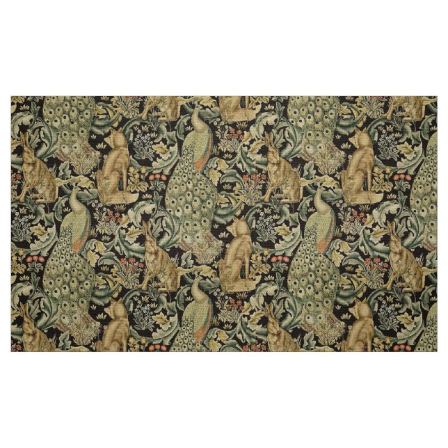 TISSU ANIMAUX FORESTIERS, FOX, PEACOCK, HARE VERT FLORAL (Fat Quarter)