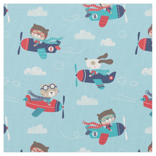 Tissu Animaux mignons dans les avions sur bleu clair (Fermer)