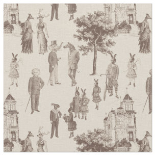 Tissu animaux victoriens anciens brun beige toile