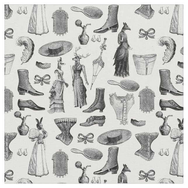 Tissu animaux victoriens antiques noir blanc toile femme (Fermer)