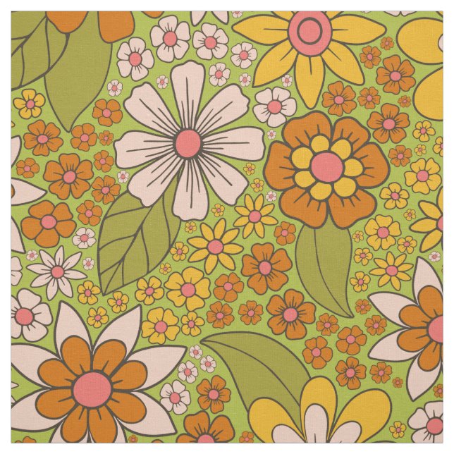 Tissu Années 1960, 1970 Vert & Orange Retro Floral (Échantillon)