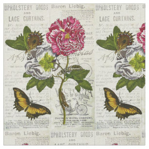 Tissu Annonces vintages de journaux et papillons et fleu
