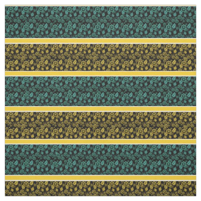 Tissu Aqua/or floral-or/rayure blanche - noir (Échantillon)
