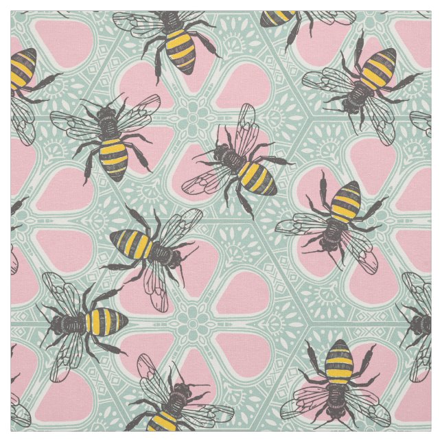 Tissu aqua rose fleuri de ruche miel (Échantillon)