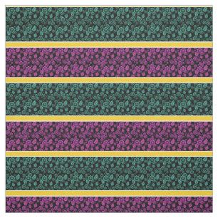 Tissu Aqua/rose floral-or/blanc rayé - noir