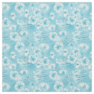 Tissu Aqua White Hibiscus Orchidées Tropical Floral