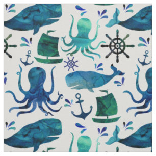 Tissu Aquarelle bleu marine Poisson marin de requin-octo