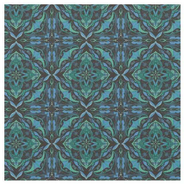 Tissu Aquarelle Bleu Vert Azulejo Carrelage espagnol (Fermer)