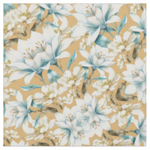 Tissu Aquarelle botanique bleu blanc lily floral