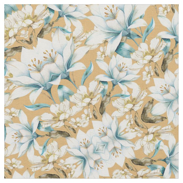 Tissu Aquarelle botanique bleu blanc lily floral (Fermer)
