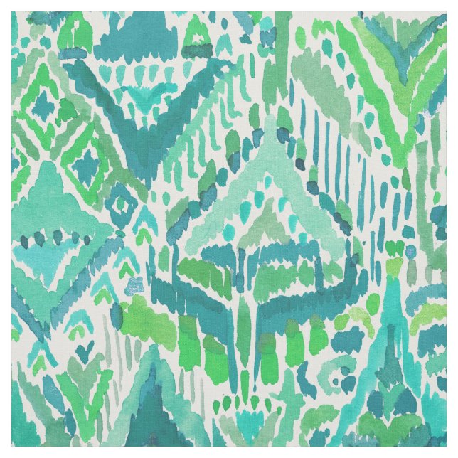 Tissu Aquarelle chic TRIBALE de Boho Ikat de TEMPLE vert (Échantillon)
