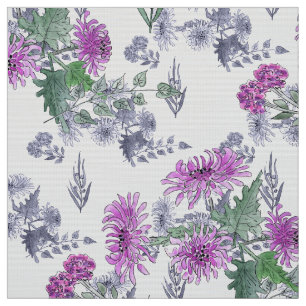 Tissu Aquarelle chrysanthème rose petites fleurs vert