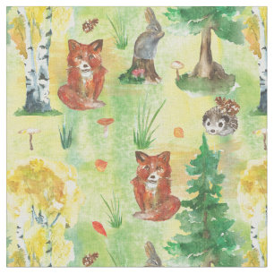 Tissu Aquarelle de bois de lapin, Hérisson, renard