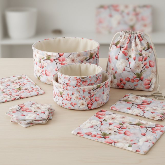 Tissu aquarelle de fleurs de cerisier blanches et  (White & Pink Cherry Blossom Watercolor Fabric)