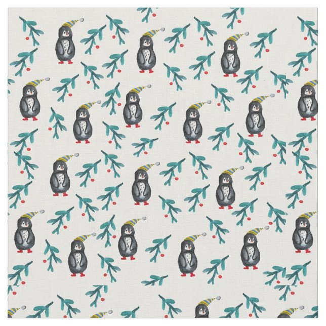 Tissu Aquarelle des pingouins de Noël (Fermer)
