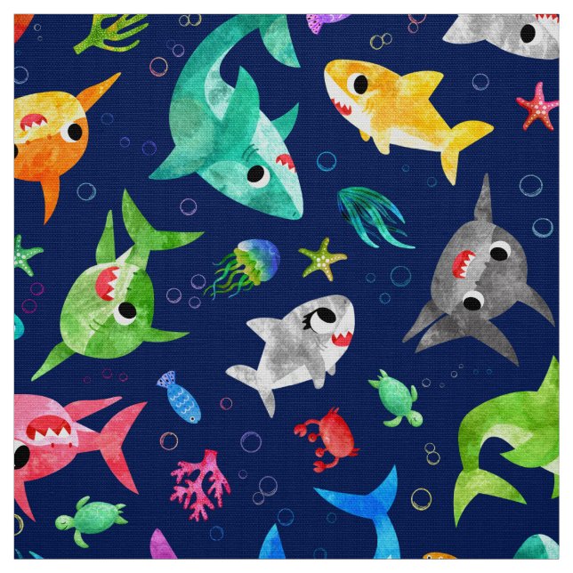 Tissu Aquarelle Famille de requins Adorable Océan (Échantillon)