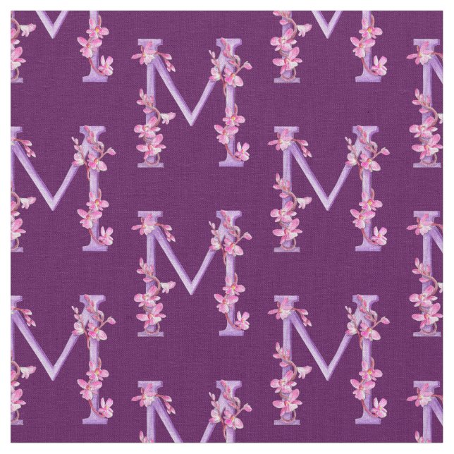 Tissu Aquarelle fleurie de l'orchidée mauve initiale M m (Fermer)