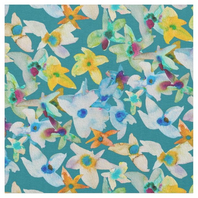 Tissu Aquarelle fleurs bleues blanches (Fermer)