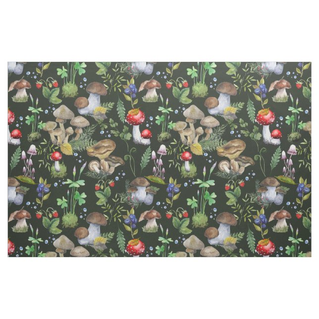 Tissu Aquarelle Forêt Champignons Verdure Berry Motif (Fat Quarter)