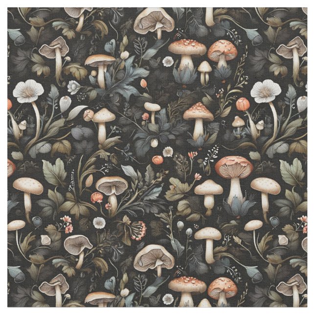 Tissu Aquarelle Forêt Verdure Champignons Automne (Fermer)