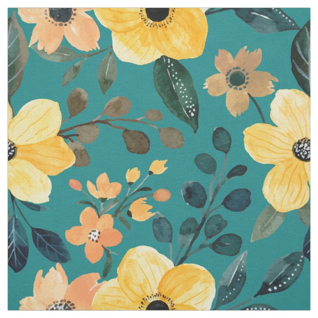 Tissu Aquarelle jaune. Botanique de fleurs sarcelles  (Échantillon)