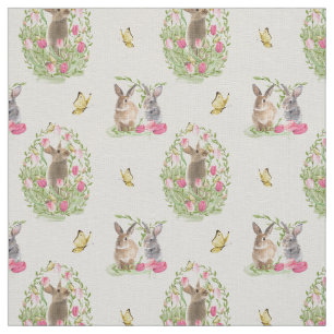 Tissu Aquarelle Lapin de Pâques Floral Oeuf de Pâques